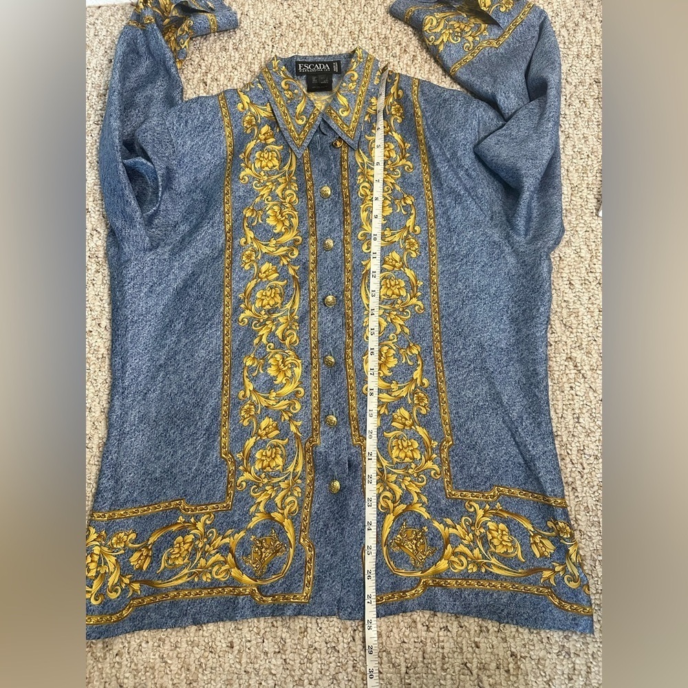 Escada Denim Printed and Gold 100% Silk Blend Top size 40 or medium - Picture 10 of 11
